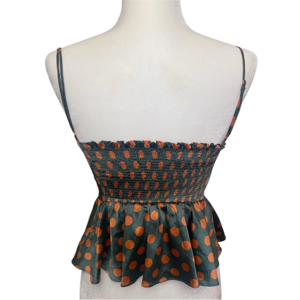 Zara Polka Dot Peplum Cami Top - Green with Orange Dots - Picture 5 of 7